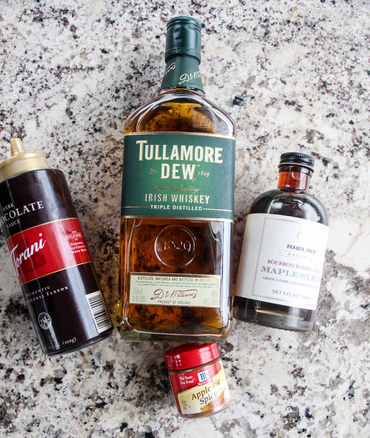 Tullamore Dew Irish Whiskey, Trader Joe's bourbon maple syrup, Torani chocolate sauce, apple pie spice