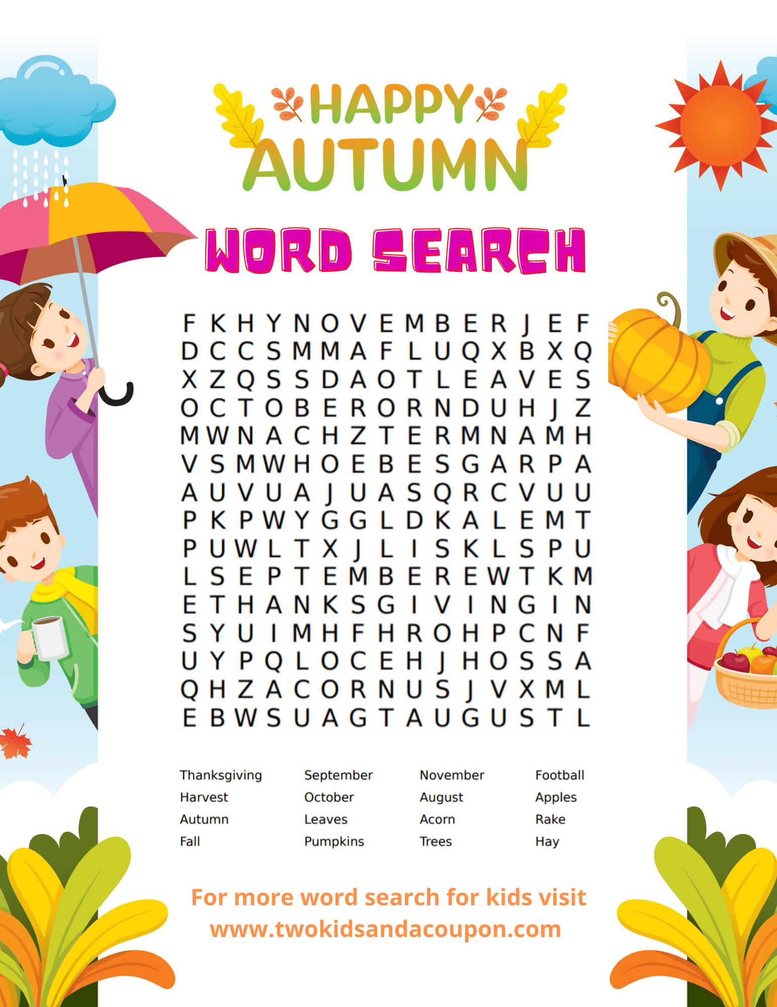 autumn themed word search puzzle