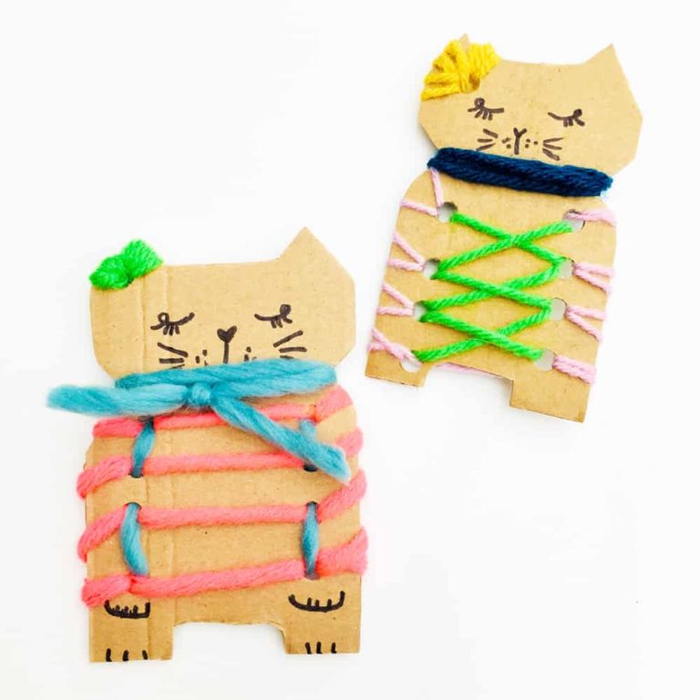 threaded cardboard cat craft for kids