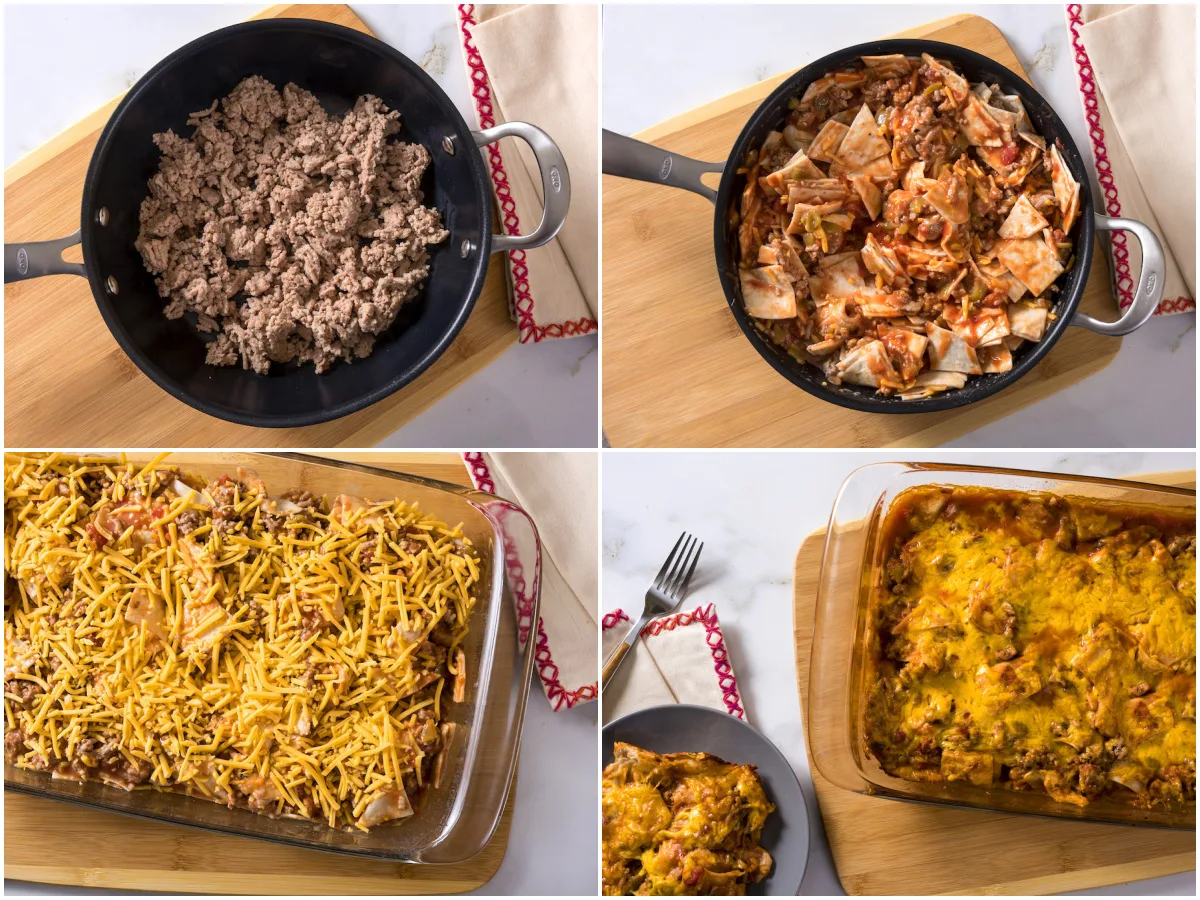 collage of a ground turkey mexican taco bake being made