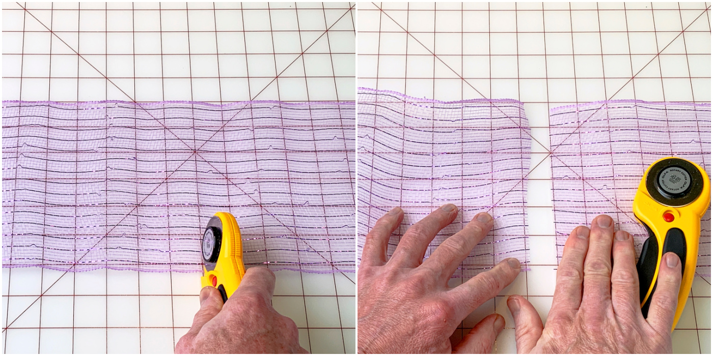 Cutting a 10 inch piece of deco mesh with a rotary cutter