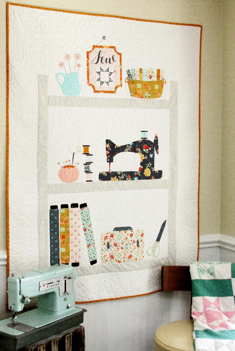 Sweet Sewing Shelves Applique Quilt with Free Pattern