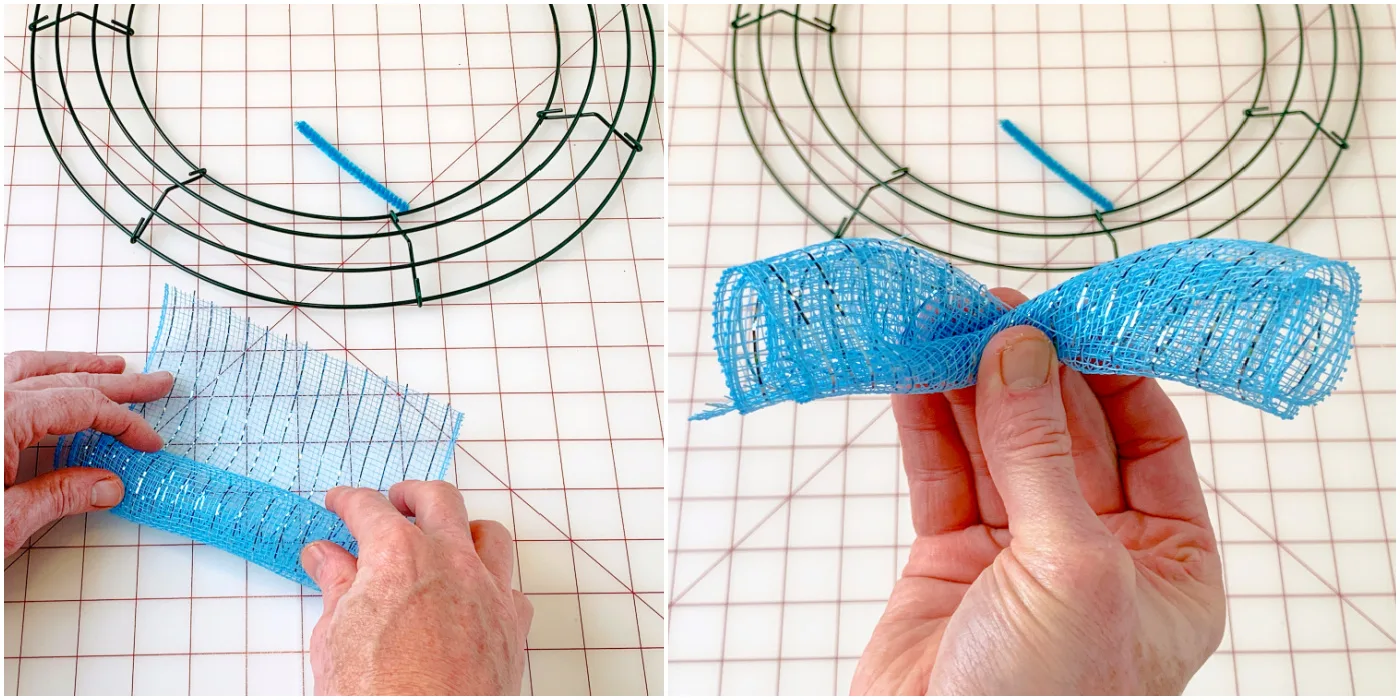 Rolling a piece of blue deco mesh into a tube