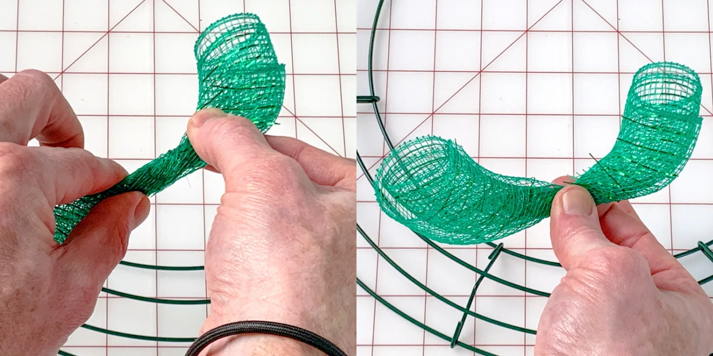 Green deco mesh piece rolled into a tube and twisted