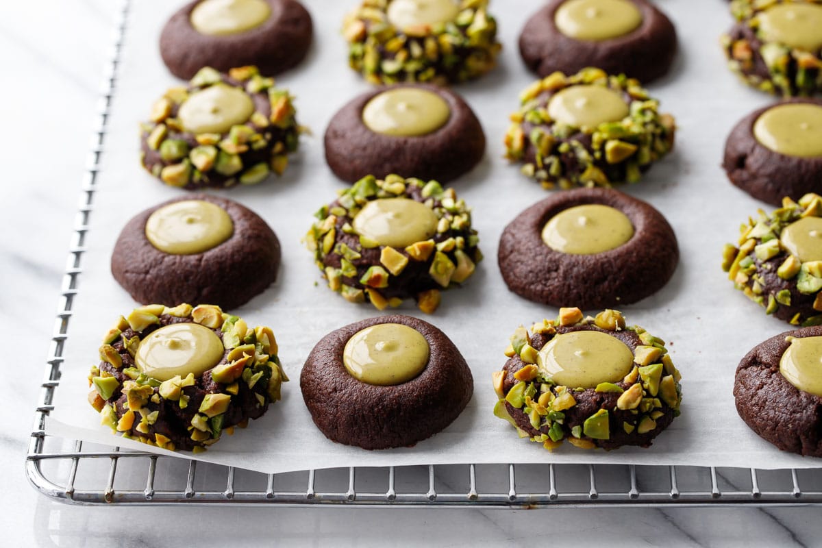 Chocolate Pistachio Cream Thumbprint Cookies