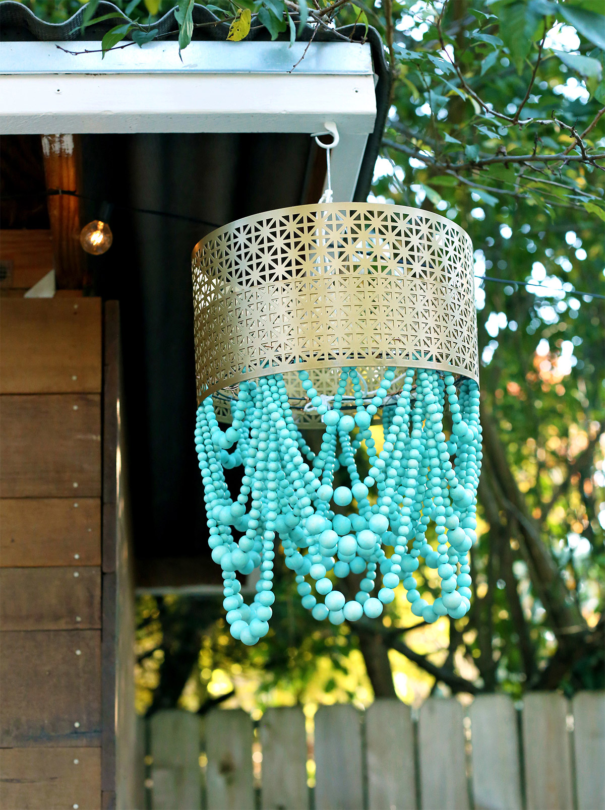 wood bead chandelier with metal shade