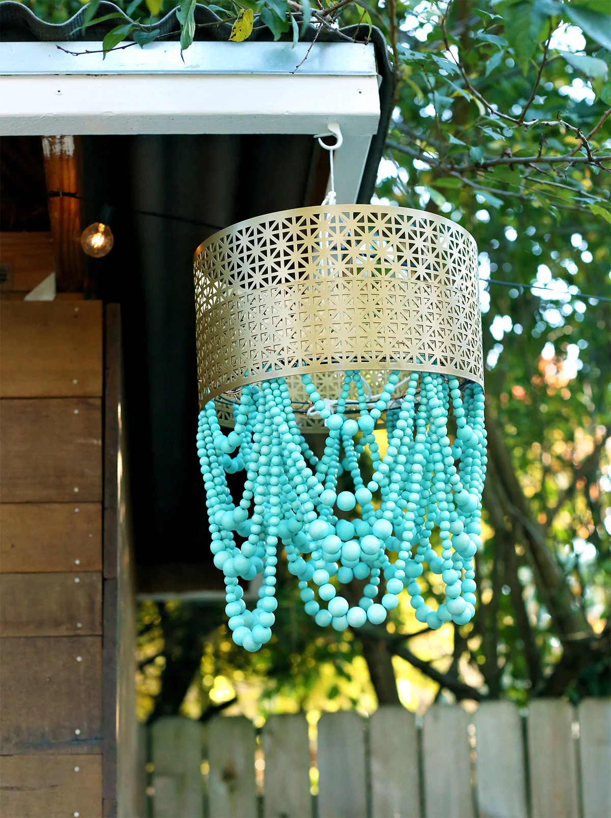 wood bead chandelier with metal shade