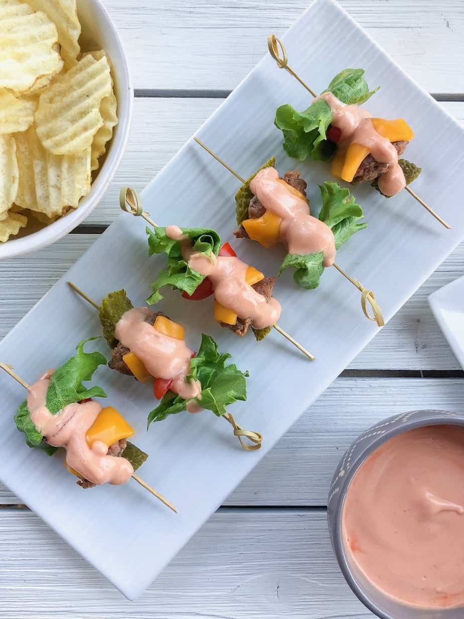 Mini cheeseburger skewers with homemade burger sauce