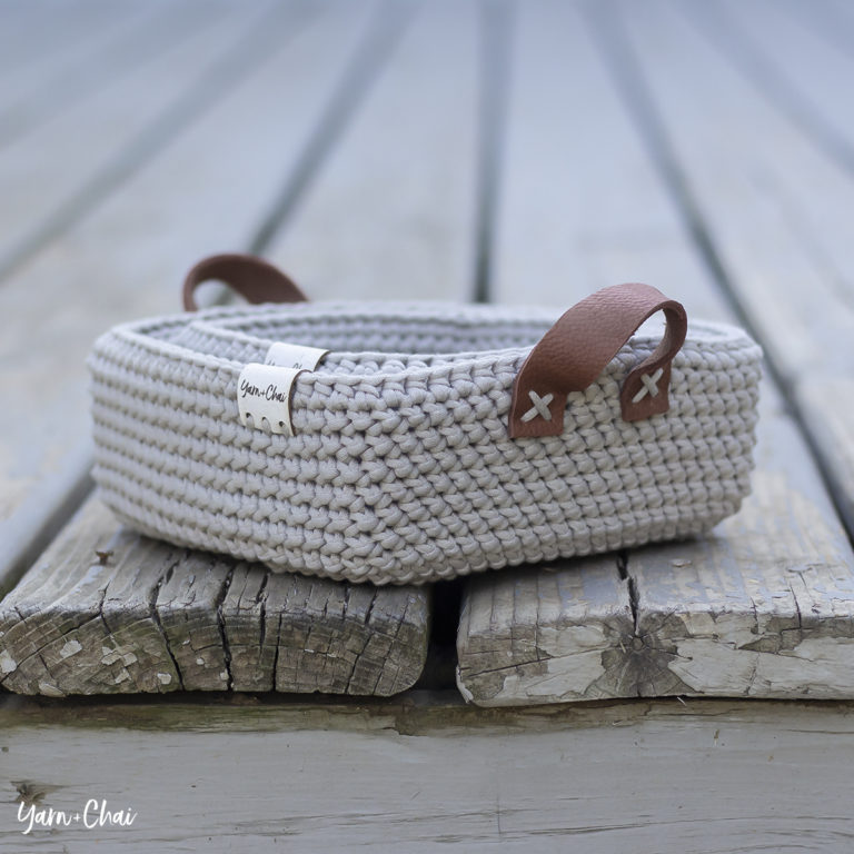 Herringbone square crochet baskets with leather handles