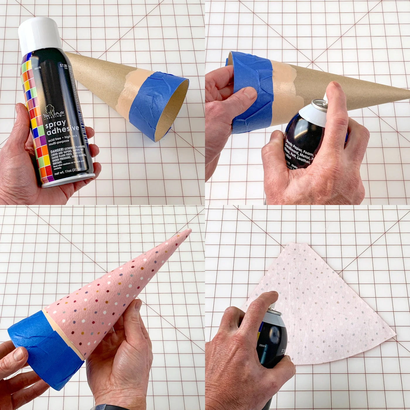 Spraying the polka dot fabric with spray adhesive and wrapping around the paper cone