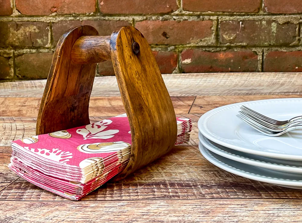 Vintage wood stirrup napkin holder