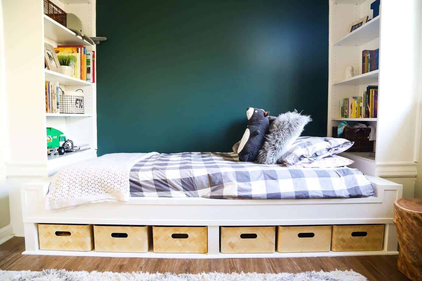 Easy DIY Bed with Built In Shelves