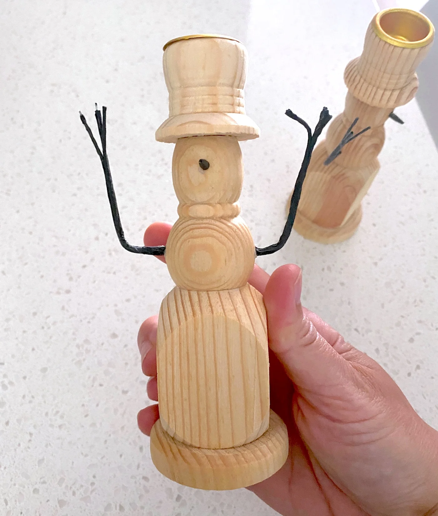 Unfinished wood snowman candlestick