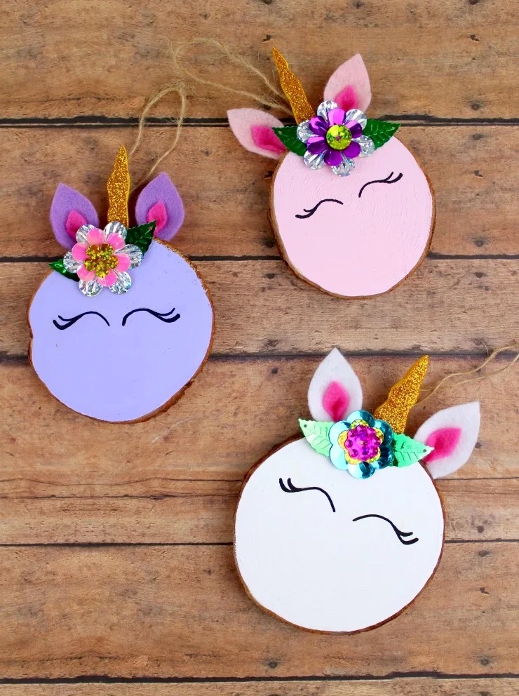 Wood Slice Unicorn Ornaments