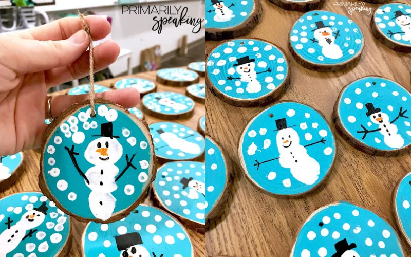 Wood slice snowman fingerprint ornaments