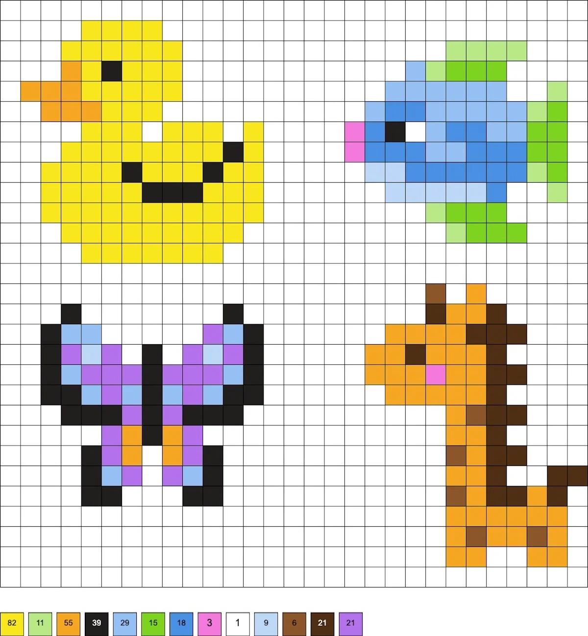 duck, fish, butterfly, and giraffe hama patterns