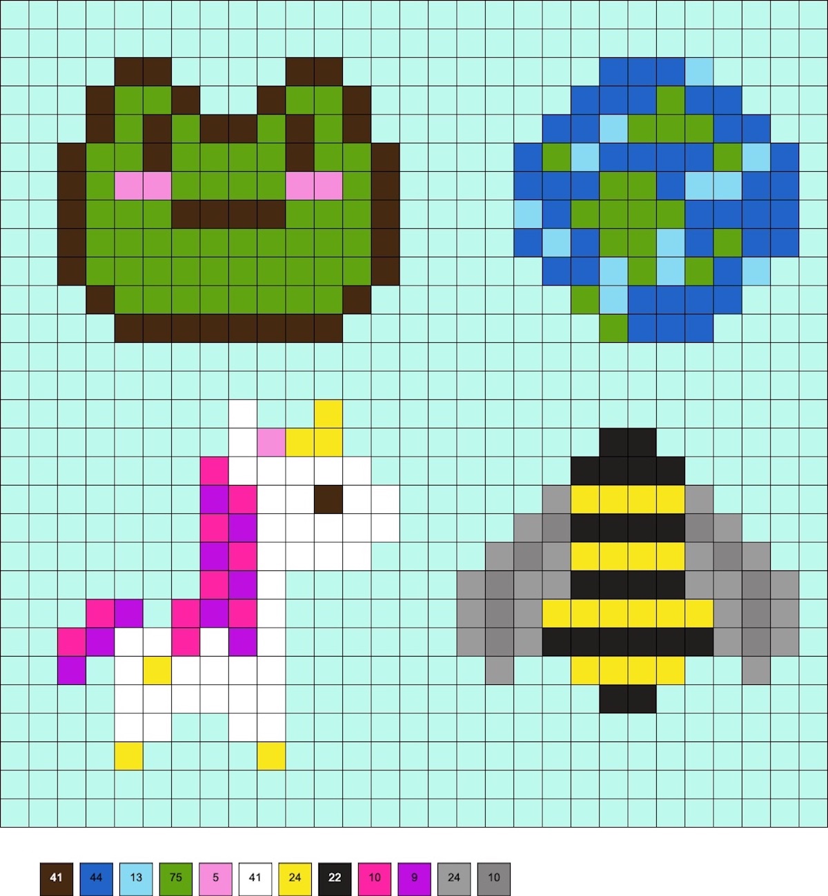 frog, Earth, bee, and unicorn perler beads