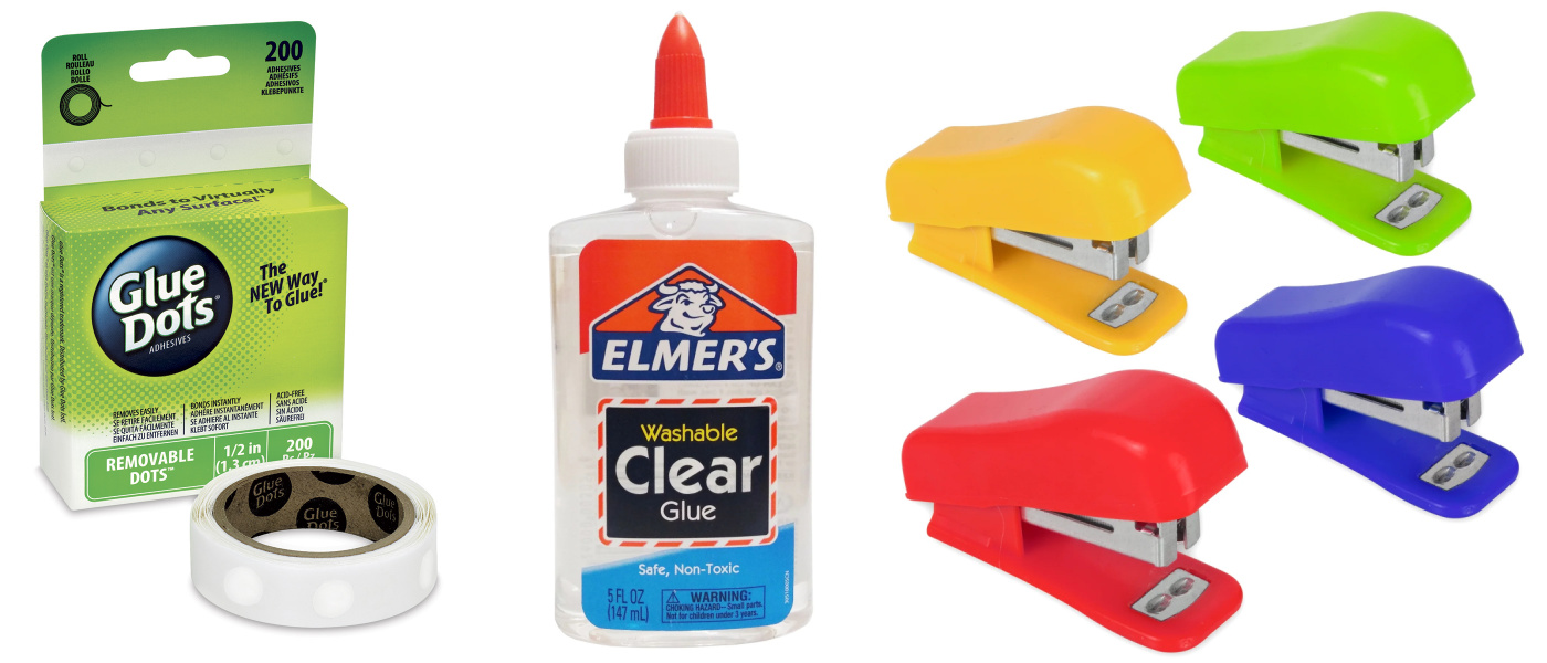 Glue Dots, Elmer's glue, and staplers