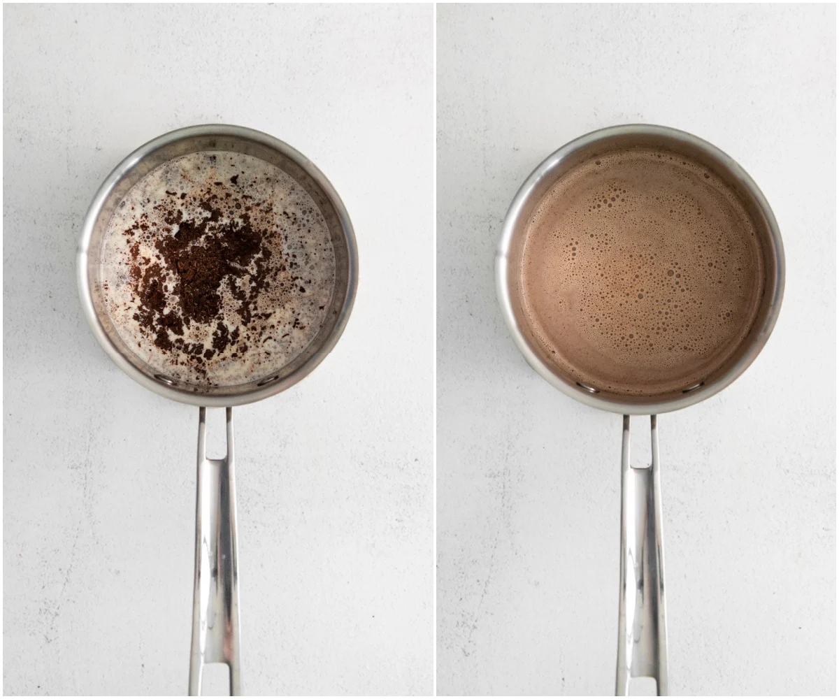 Melting bittersweet chocolate in milk in a pan