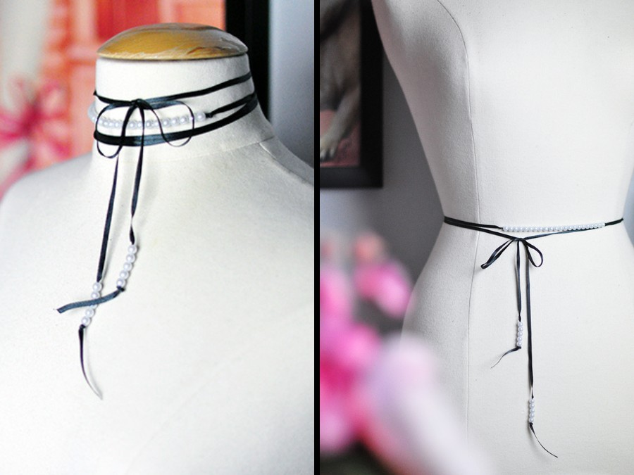 diy ribbon choker with pearls - lariat necklace or belt