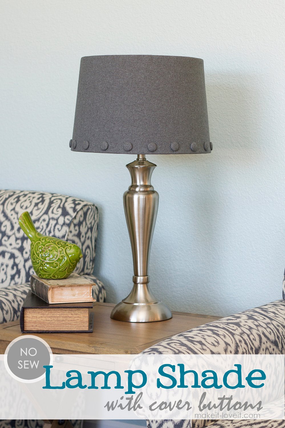 Fabric and button no-sew lamp shade