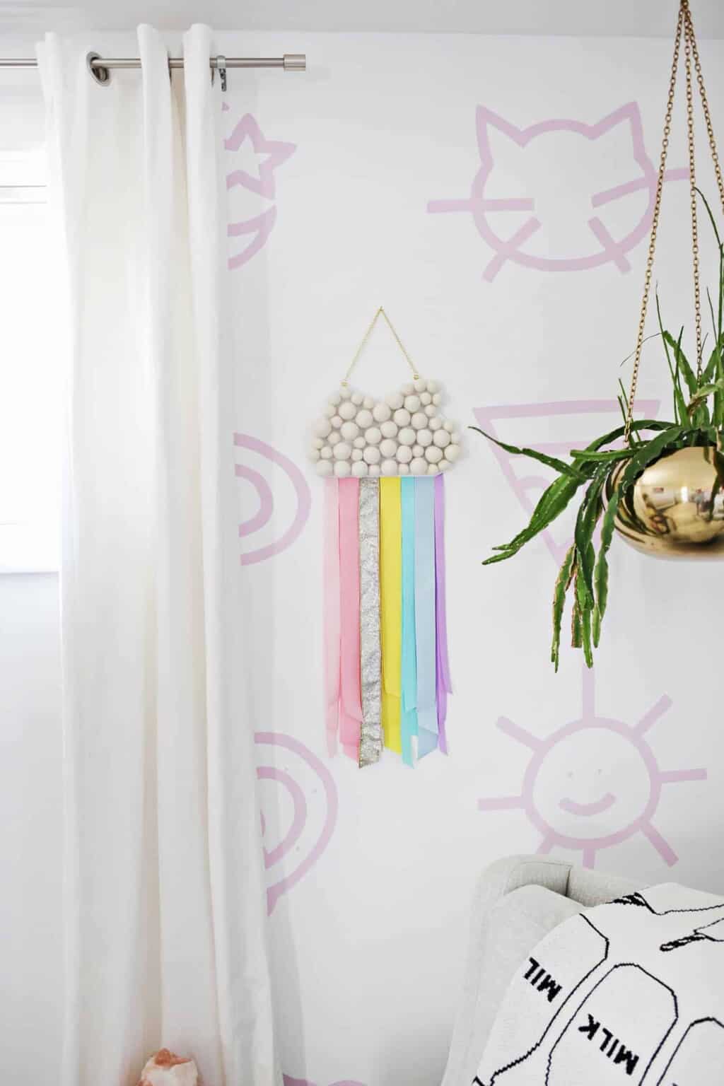 kids ribbon and felt ball diy rainbow wall hanging