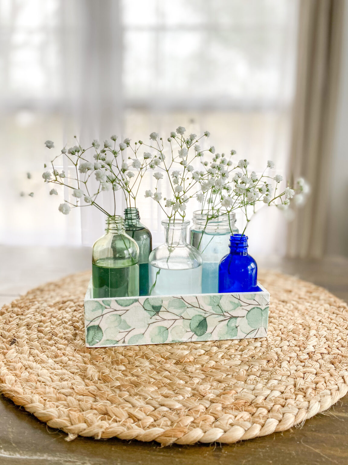 cottagecore aesthetic: diy eucalyptus tray centerpiece with bud vases and delicate flowers