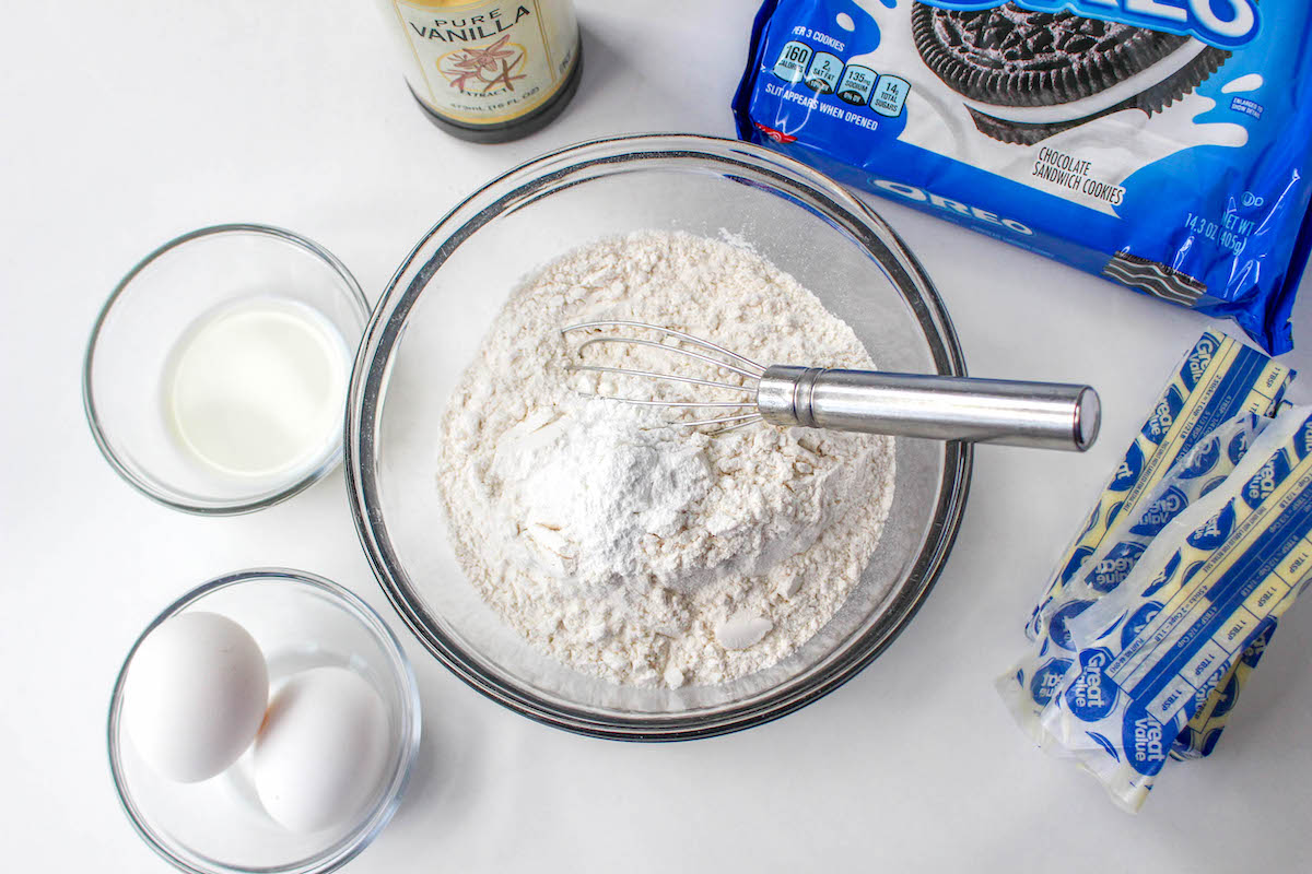 flour, baking powder, and salt in a glass bowl