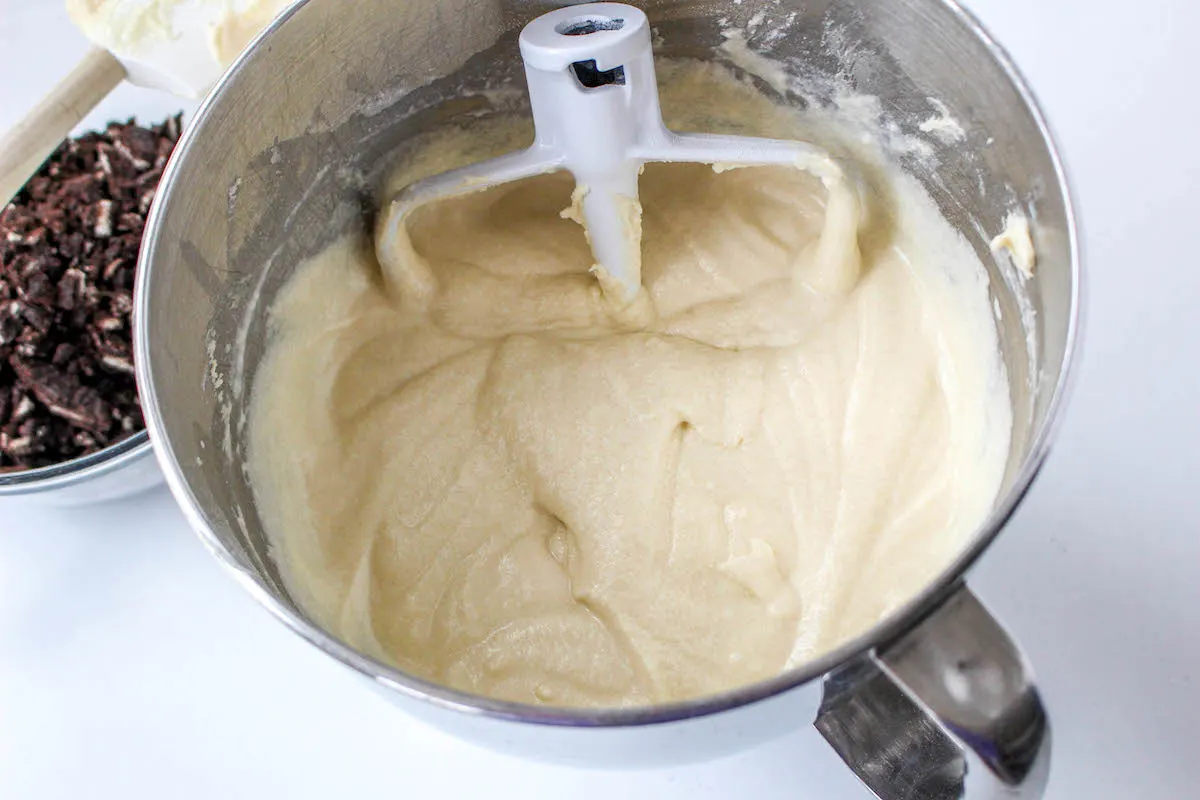 mixing the egg and vanilla into the batter