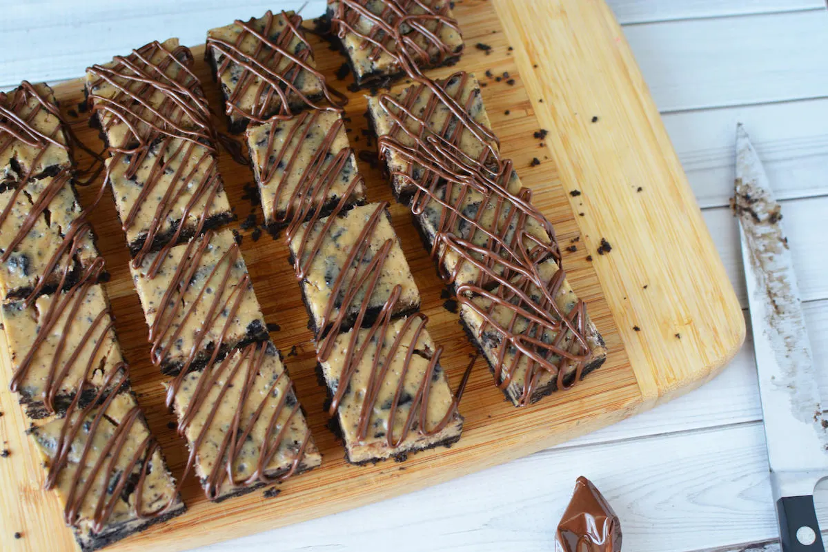 mocha bars with melted chocolate drizzled on top