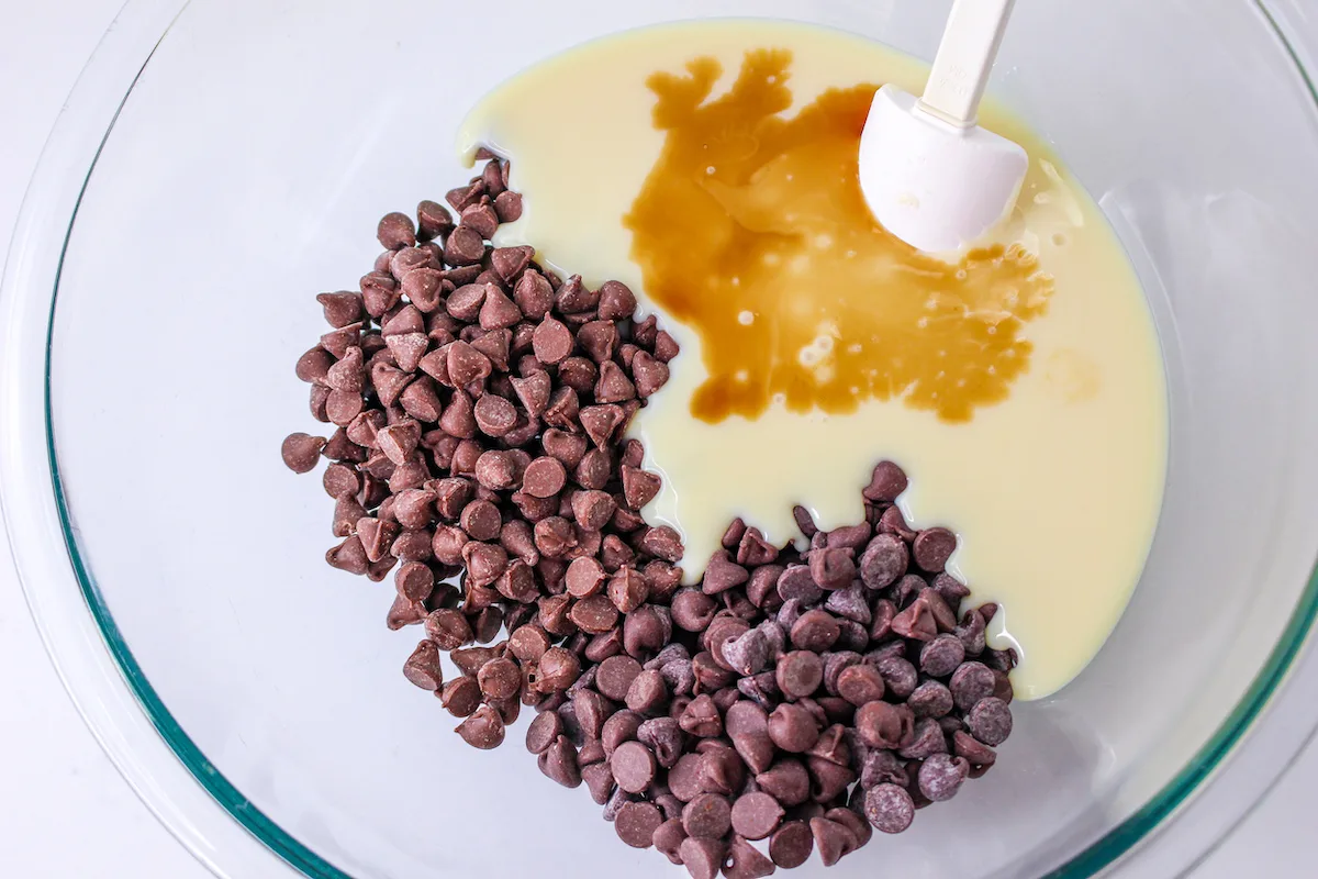 Chocolate chips, sweetened condensed milk, and vanilla in a clear glass bowl