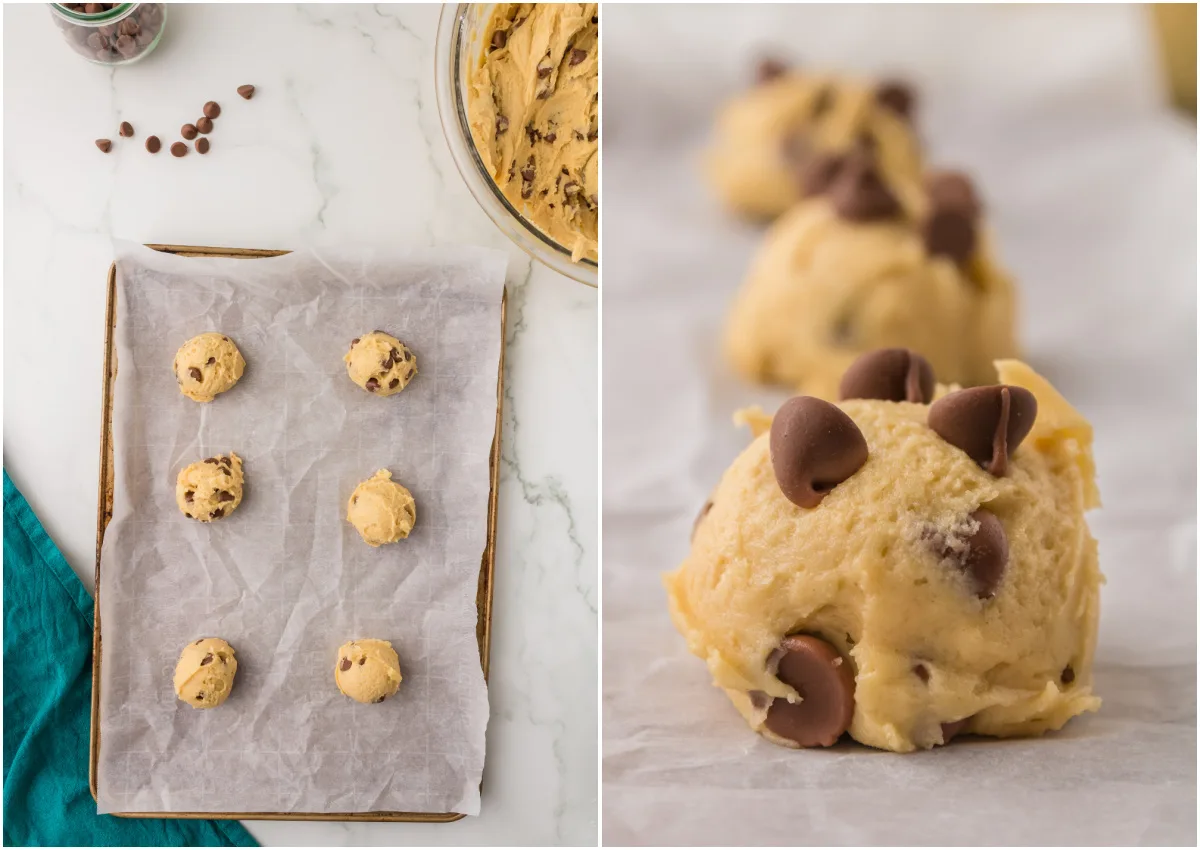 Cookie dough on the baking sheet with chocolate chips pressed into the top