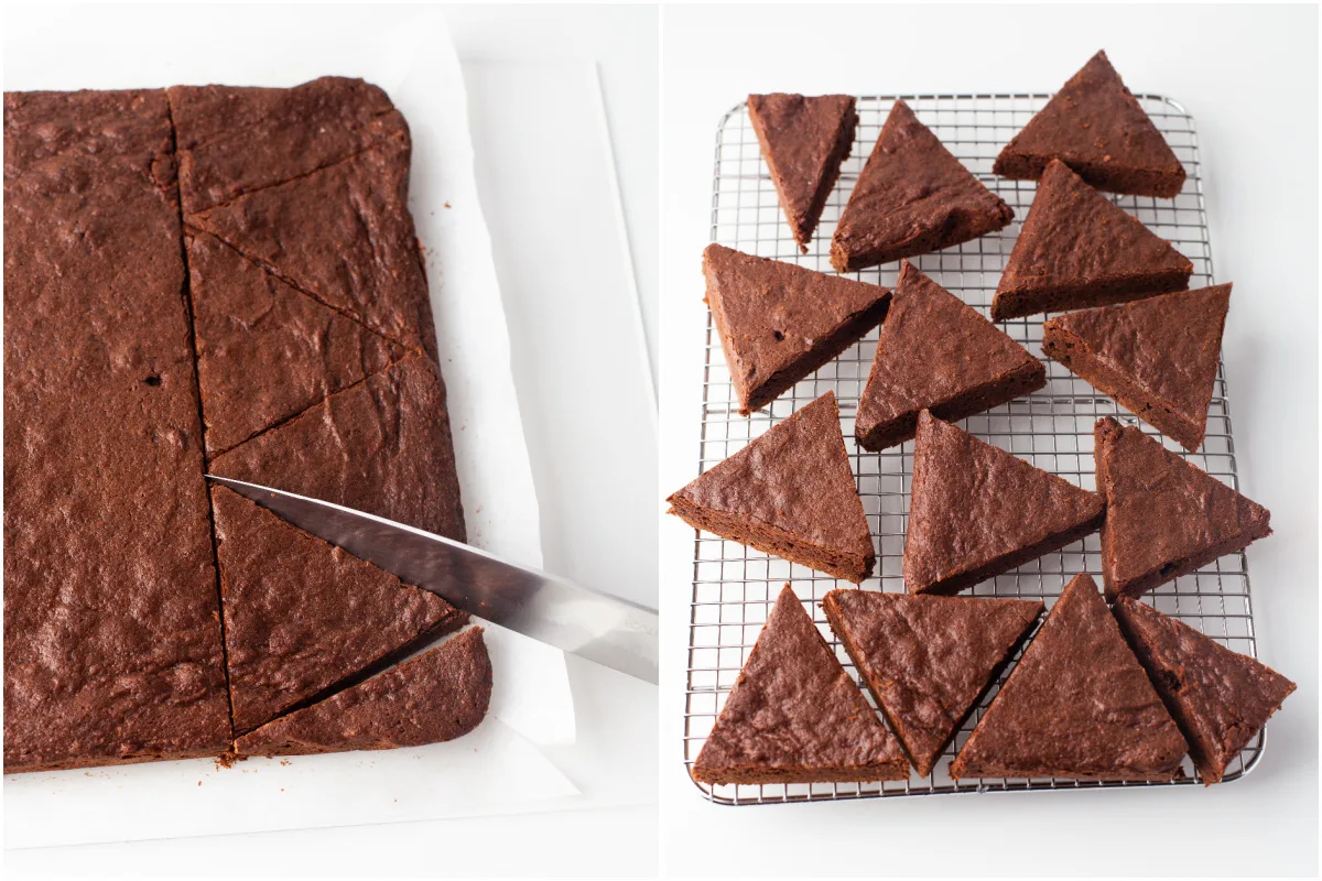 Cutting the brownies into triangles with a knife