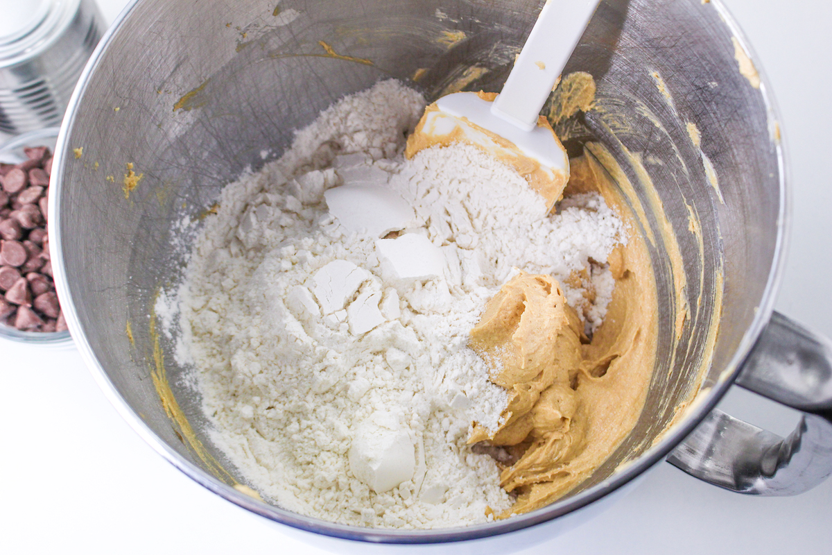 Dry ingredients added to the peanut butter cookie mixture