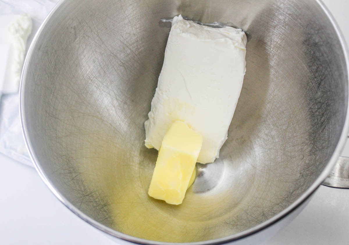 cream cheese and butter in a metal bowl