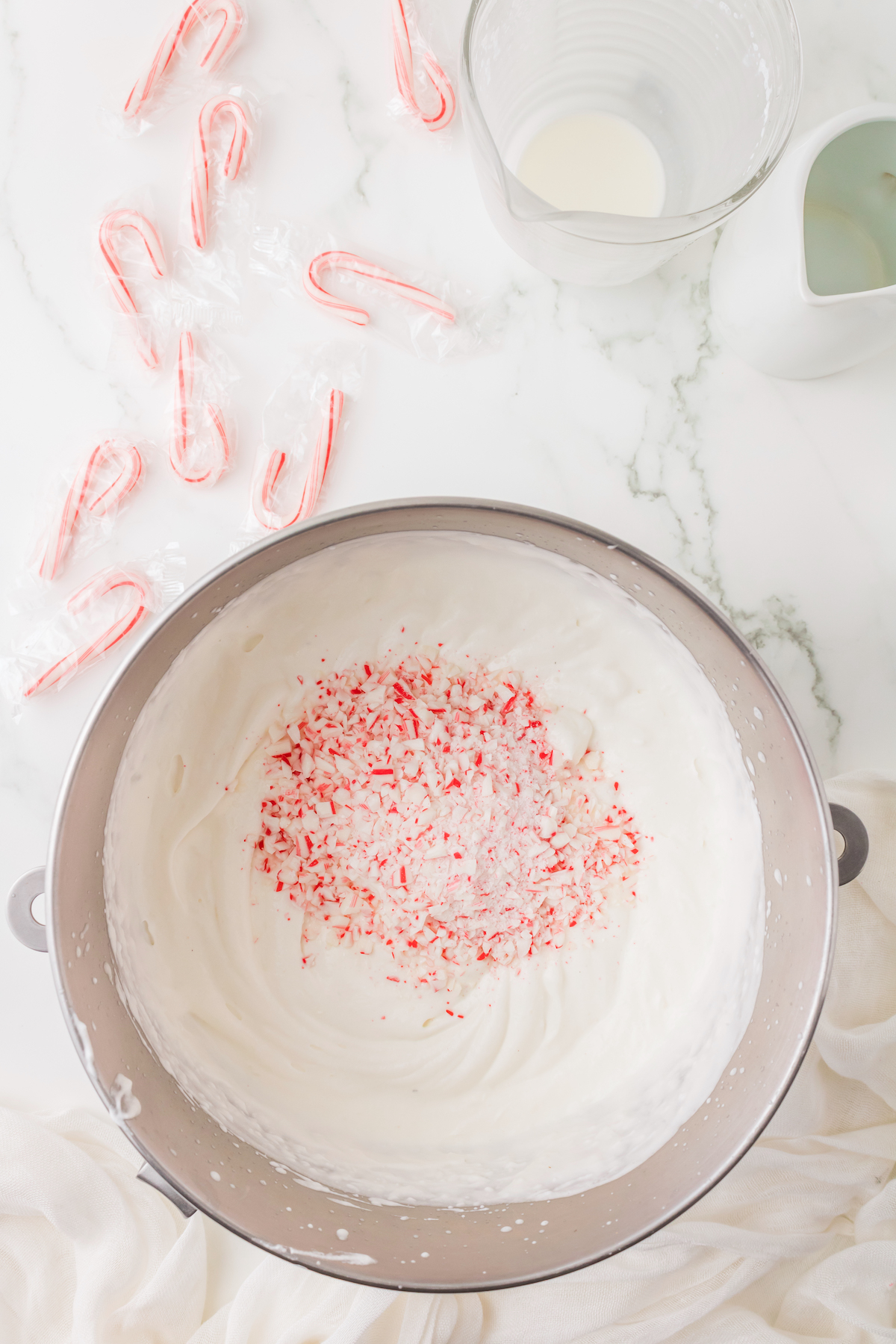 crushed candy canes added to the mixture