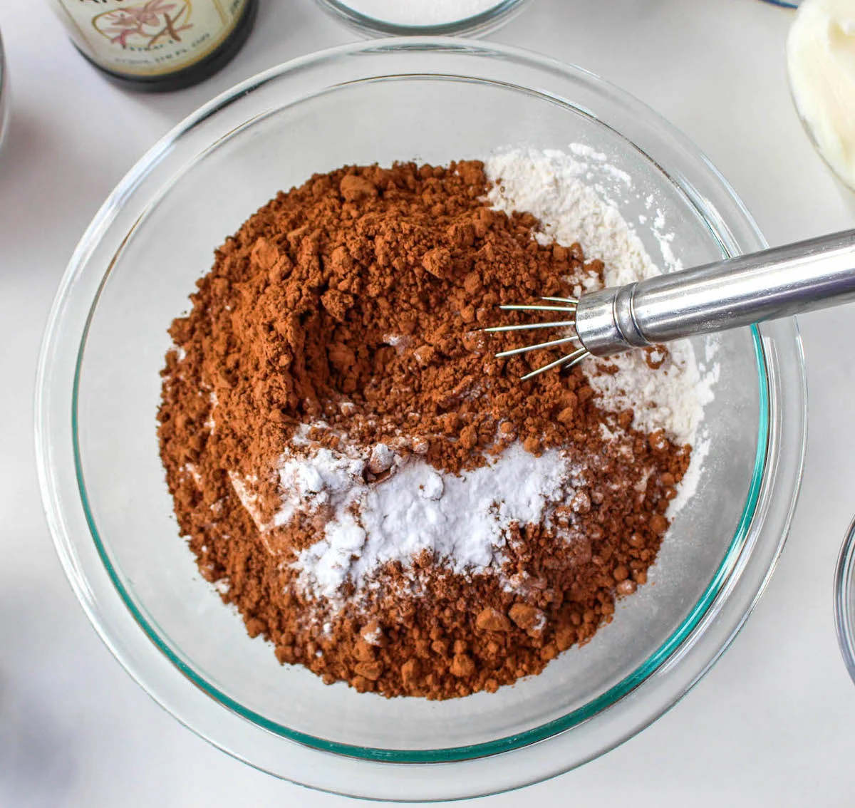 flour, cocoa powder, baking soda and salt whisked together in a bowl