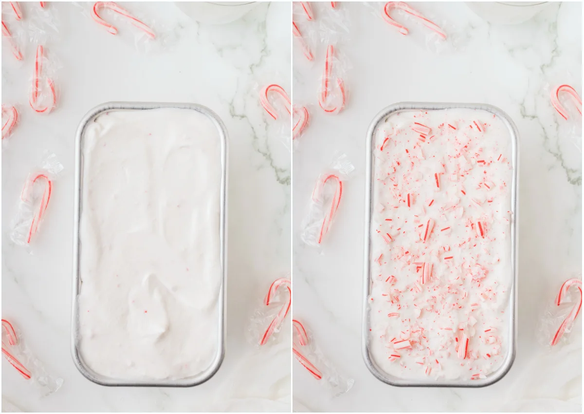 homemade ice cream with candy canes added to the top