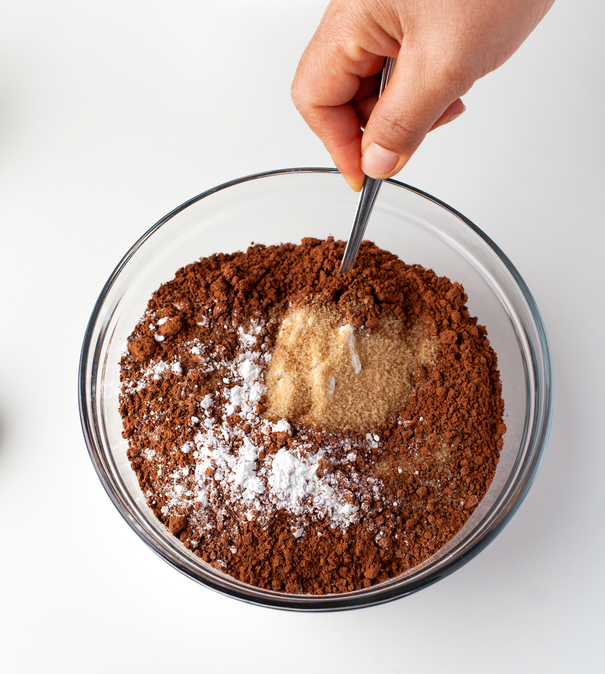 Whisk together brown sugar, cocoa powder, baking powder, and flour