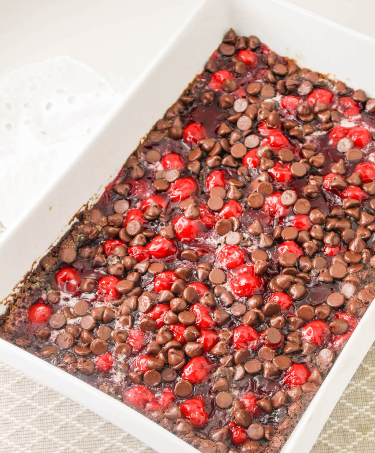 chocolate cherry dump cake baked and cooling