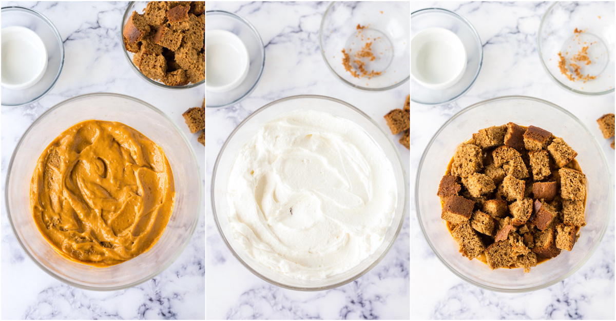 layer the pumpkin pudding, whipped cream, and pumpkin bread