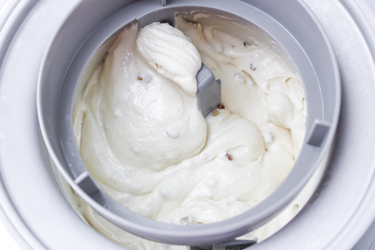 Butter Pecan Ice Cream churning in the ice cream maker