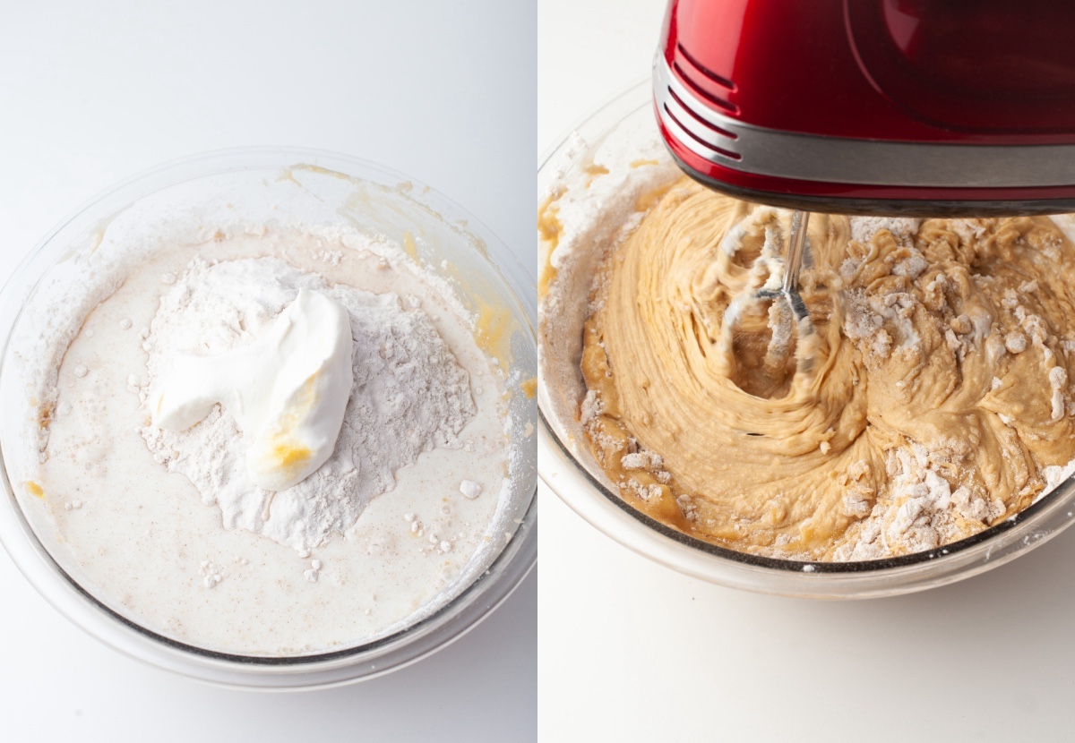 adding the sour cream and dry ingredients into the cake mixture