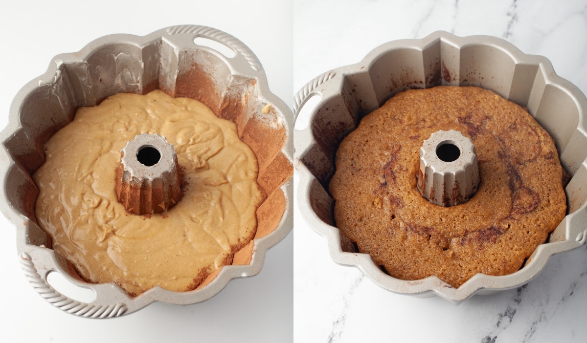 bundt pan with raw batter and then cooked in the pan