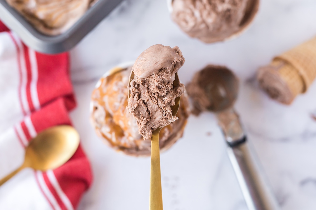 chocolate caramel ice cream recipe on a spoon