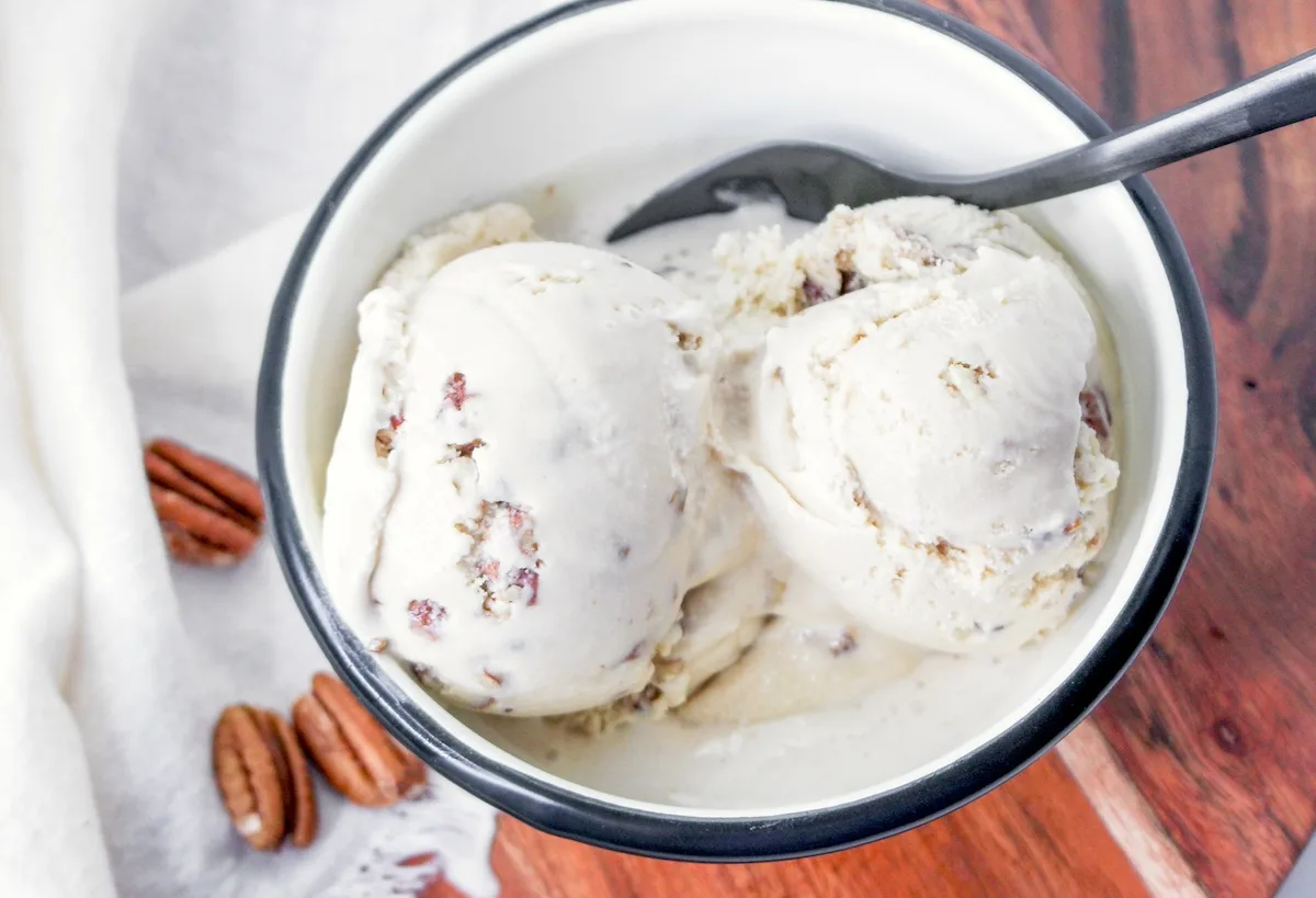homemade butter pecan ice cream in a bowl