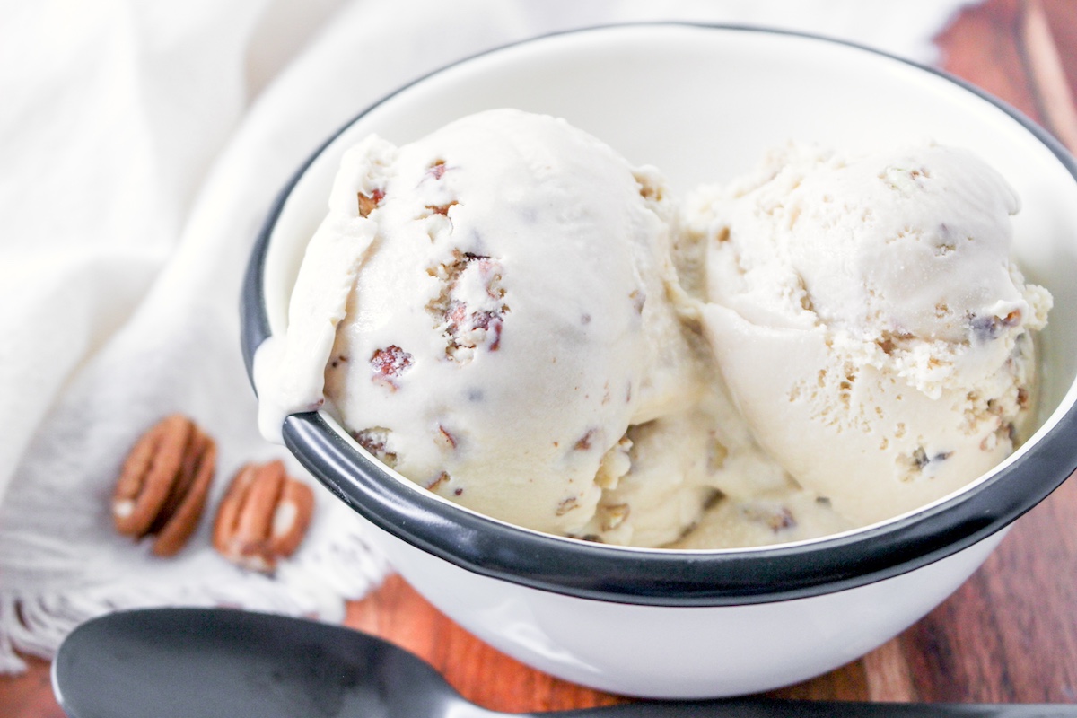 pecan ice cream in a bowl