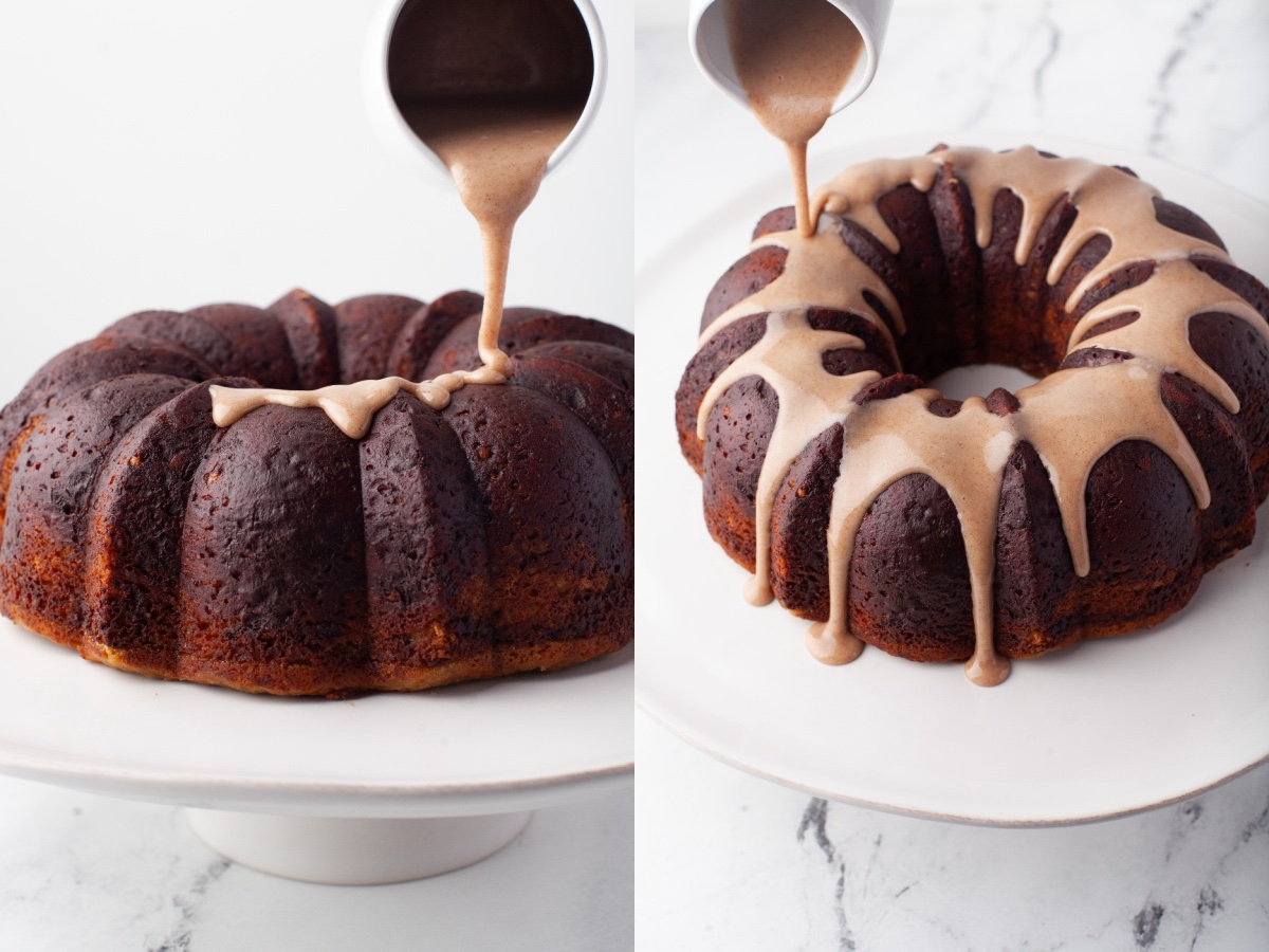pouring the glaze over the top of the bundt cake