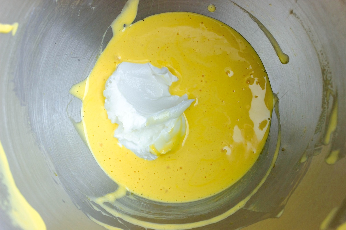 Mascarpone cheese added to the egg yolks