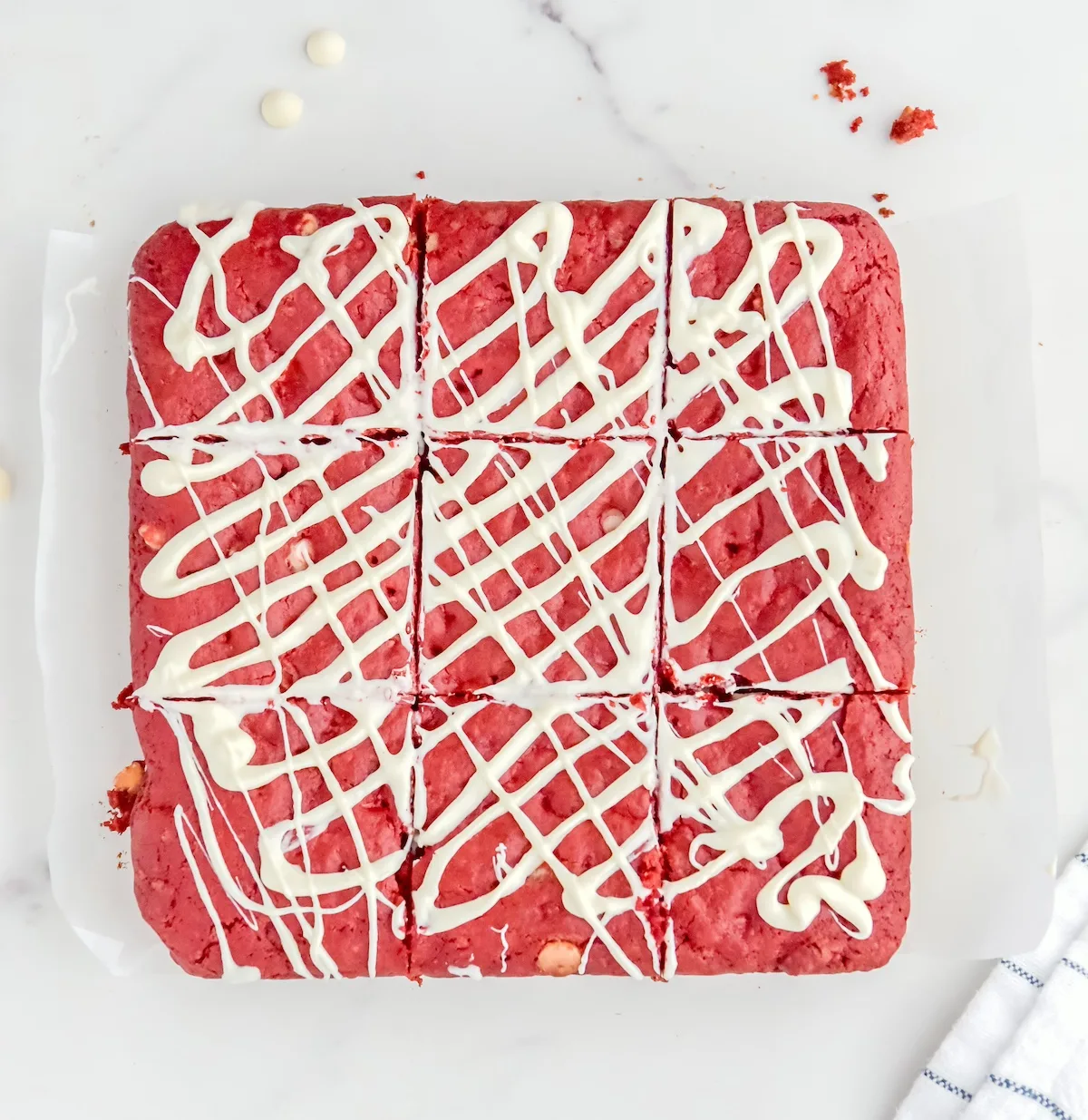 Red velvet cake mix brownies cut into squares